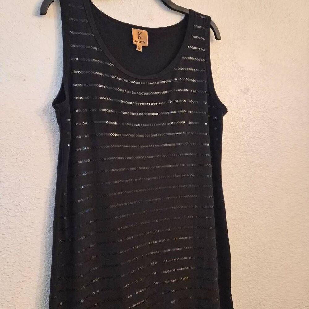 Kasper Black Sequin Striped Tank Top Dress Sexy Sporty Chic LBD Flirty Feminine